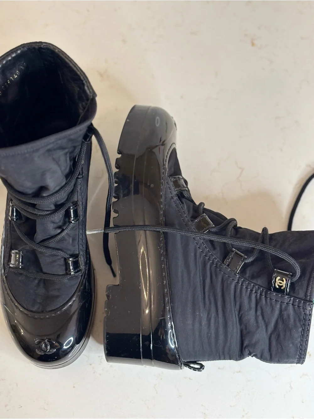 CHANEL Black Quilted Lace-Up Patent Toe Winter Boots
